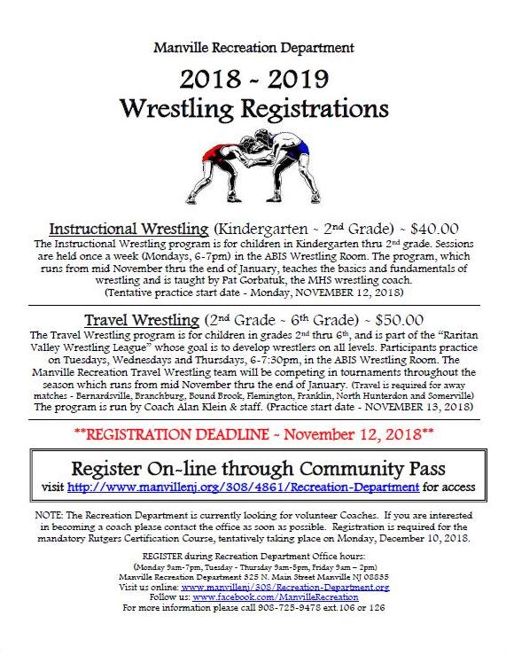 2018 - 19 Wrestling Programs Registration Flyer