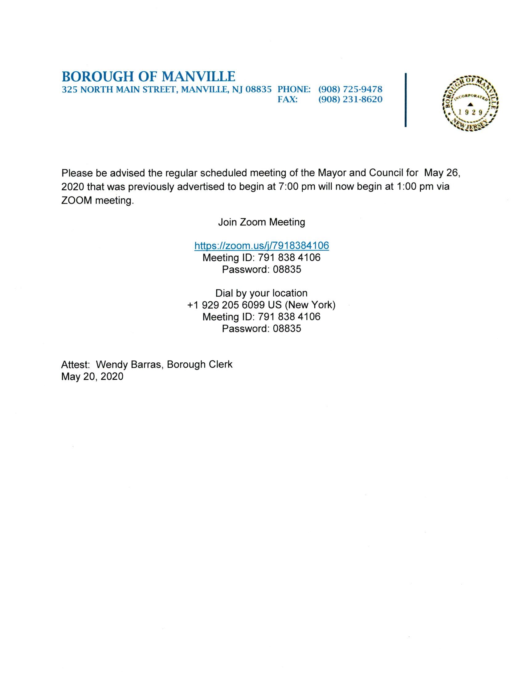 Council Meeting Time Change-May 26th