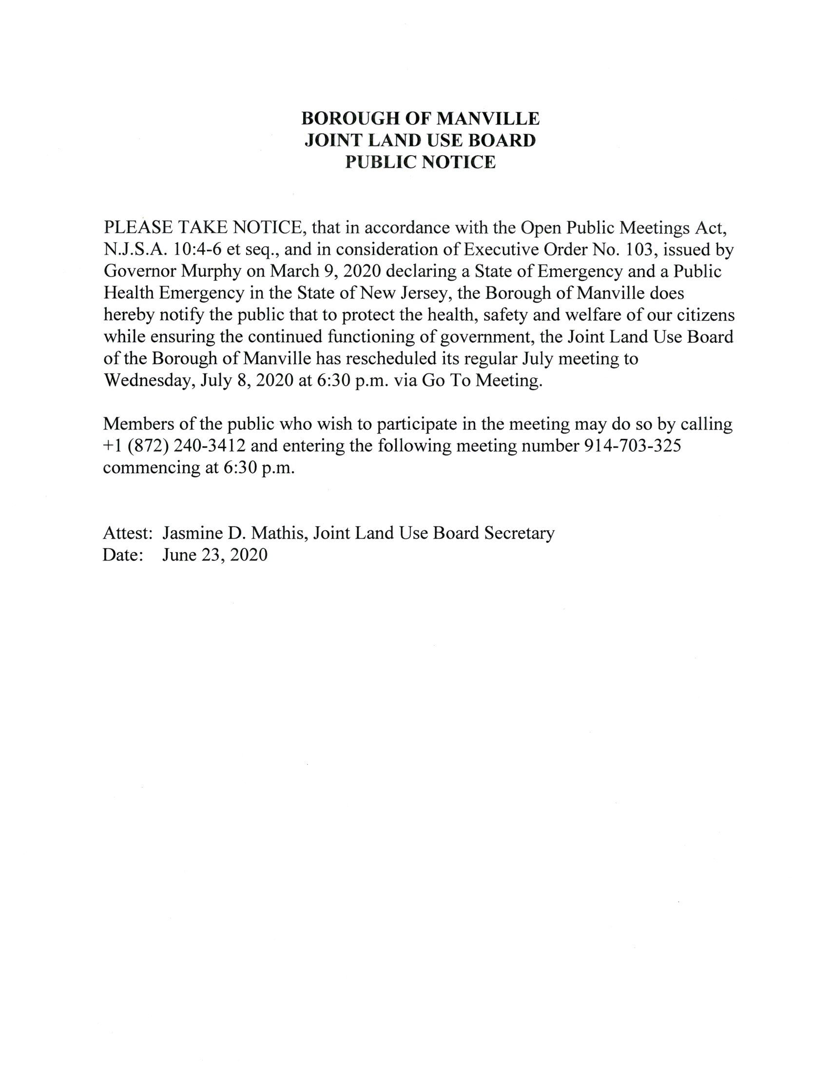 Joint Land Use Board Meeting Notice_July 8, 2020
