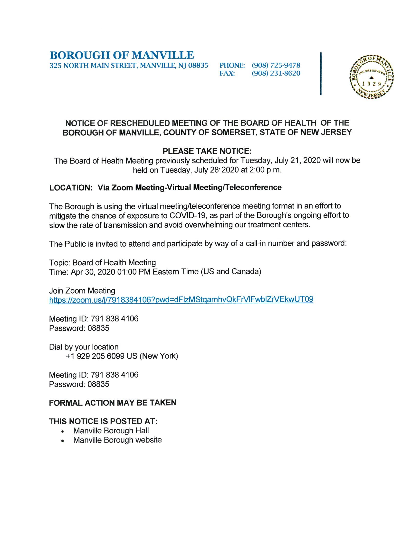 BOH Meeting Notice-July 28th