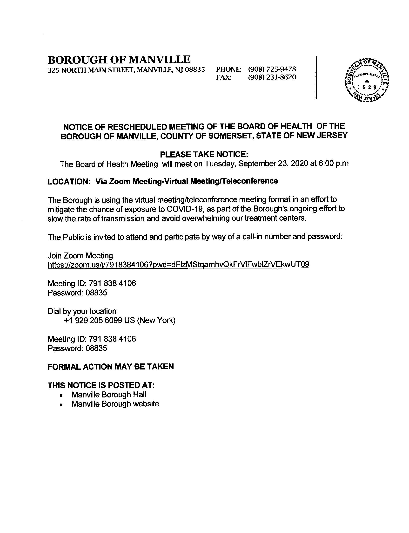 Board of Health Meeting September 28