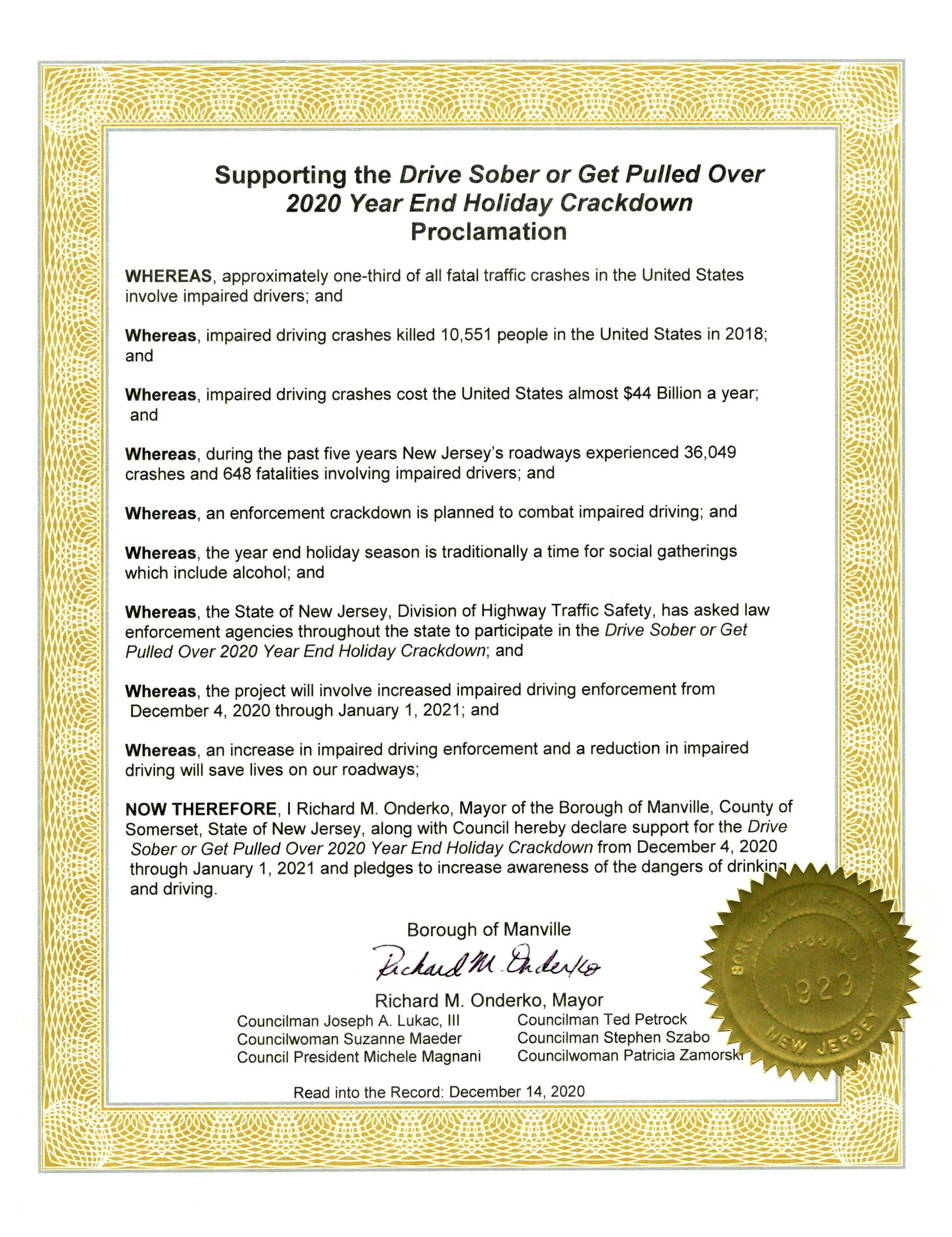 Drive Sober, Get Pulled Over Proclamation
