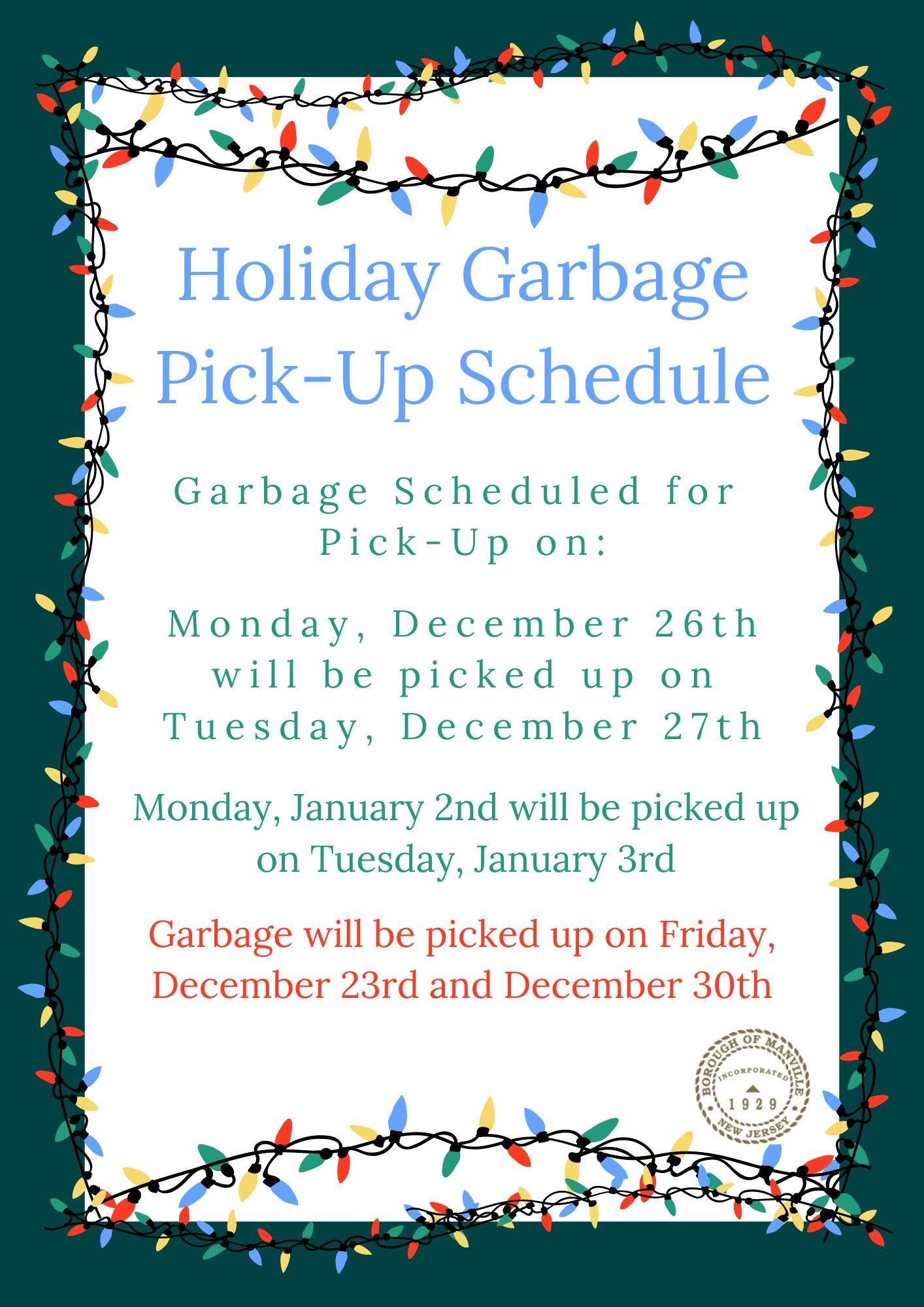 2022 Holiday Garbage Schedule